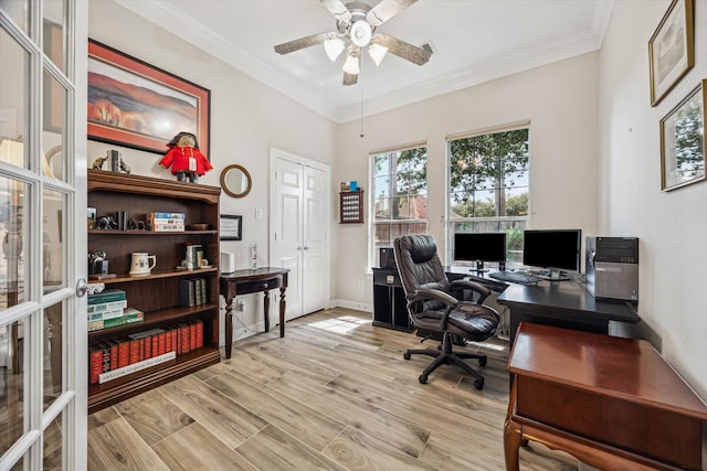 1607 N Primavera Dr, Pearland, TX 77581 - office with a ceiling fan, ornamental molding, wood finished floors, and french doors