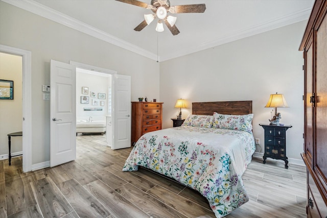 1607 N Primavera Dr, Pearland, TX 77581 - bedroom featuring ornamental molding, wood finished floors, ensuite bath, and a ceiling fan