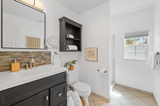 20559 Red Bud Ct, Thornton, TX 76687 - bathroom featuring vanity, tile patterned flooring, backsplash, and a shower stall