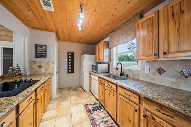 374 W Lake Shore Dr, Livingston, TX 77351 - kitchen with white appliances, tasteful backsplash, wood ceiling, light stone countertops, and ornamental molding