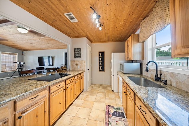374 W Lake Shore Dr, Livingston, TX 77351 - kitchen featuring wooden ceiling, black electric stovetop, decorative backsplash, light stone counters, and light tile patterned flooring