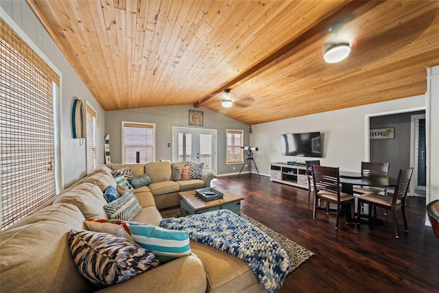 374 W Lake Shore Dr, Livingston, TX 77351 - living area with wood finished floors, ceiling fan, wood ceiling, and french doors