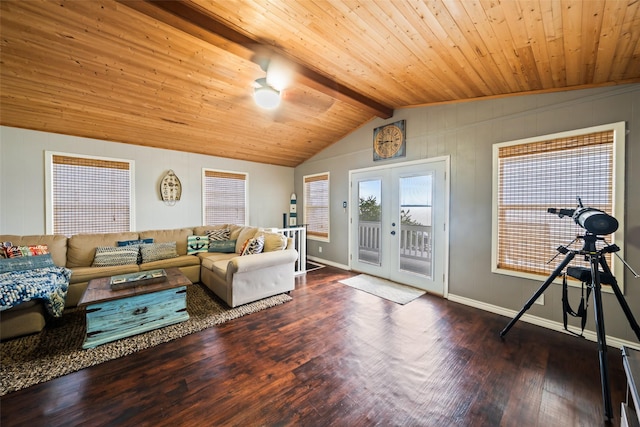 374 W Lake Shore Dr, Livingston, TX 77351 - living room with ceiling fan, wooden ceiling, wood finished floors, and french doors