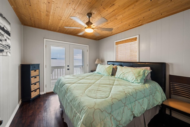 374 W Lake Shore Dr, Livingston, TX 77351 - bedroom featuring french doors, access to exterior, wood finished floors, wood ceiling, and a ceiling fan