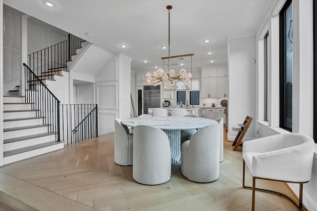 3502 Dorset Cliff Ln, Houston, TX 77055 - dining area with stairs, a chandelier, and recessed lighting