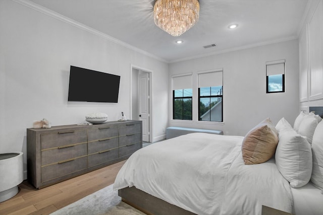 3502 Dorset Cliff Ln, Houston, TX 77055 - bedroom with light wood-style flooring, ornamental molding, a chandelier, and recessed lighting
