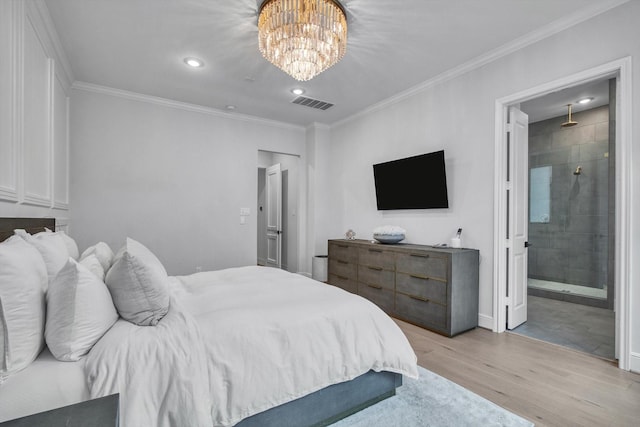 3502 Dorset Cliff Ln, Houston, TX 77055 - bedroom featuring a chandelier, light wood-style flooring, ornamental molding, recessed lighting, and ensuite bath