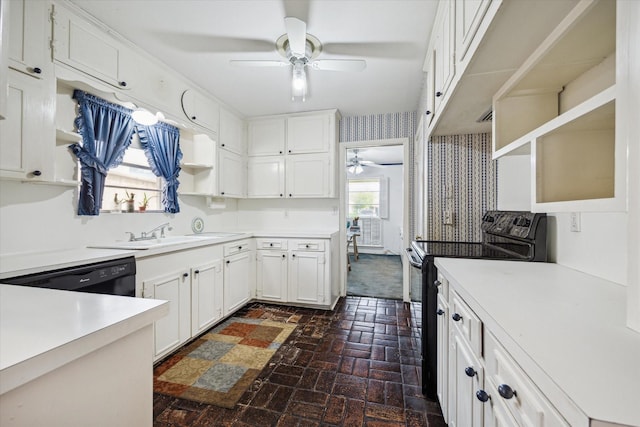 6249 Piping Rock Ln, Houston, TX 77057 - kitchen featuring range with electric stovetop, open shelves, ceiling fan, brick flooring, and dishwasher