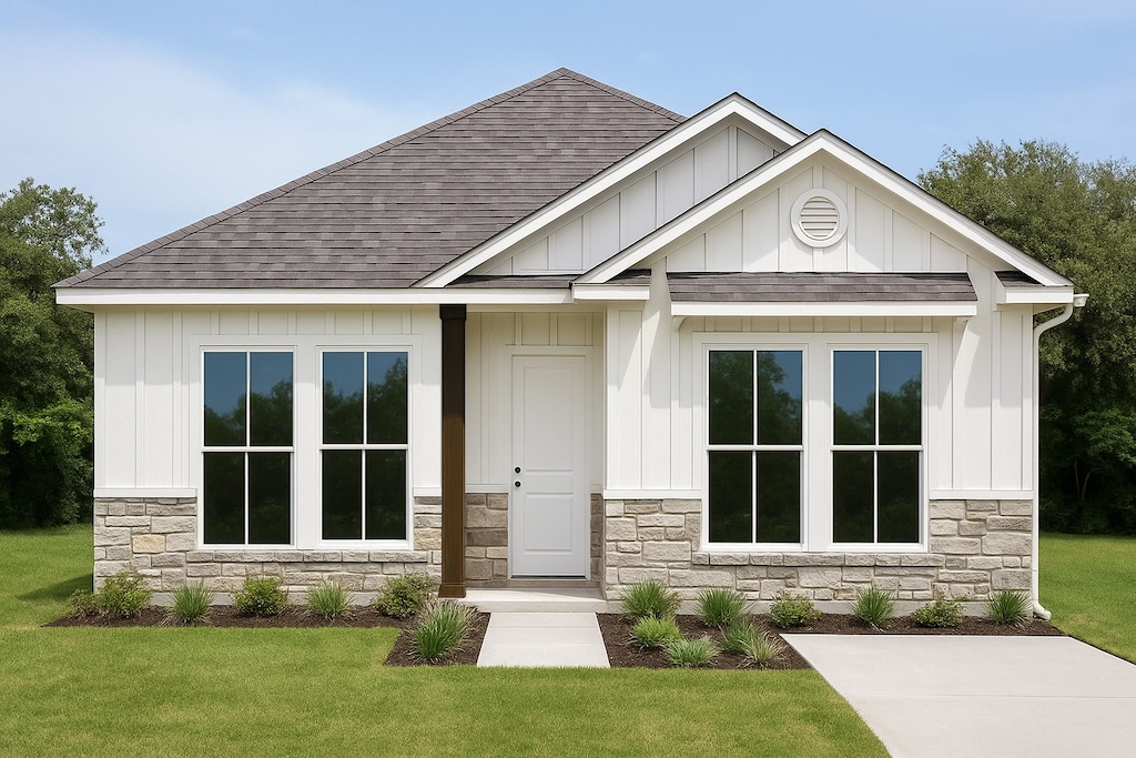 2031 Kennith Ave, San Antonio, TX 78227 - view of front of home featuring a shingled roof, stone siding, a front yard, and board and batten siding