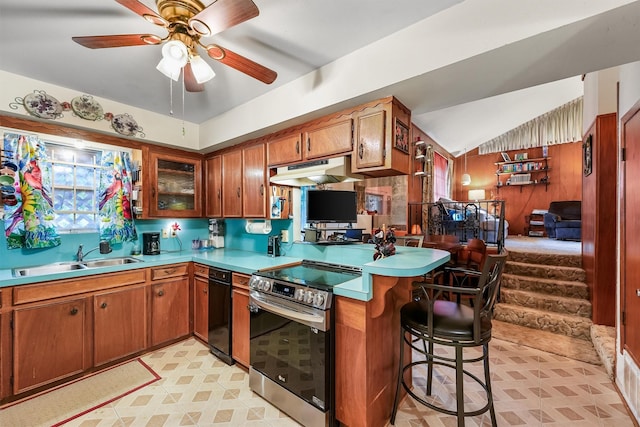 13922 Ambrose St, Houston, TX 77045 - kitchen featuring stainless steel range with electric stovetop, light countertops, under cabinet range hood, a peninsula, and ceiling fan