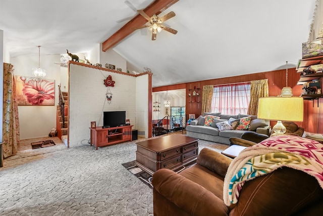 13922 Ambrose St, Houston, TX 77045 - living area featuring a ceiling fan, carpet flooring, and wooden walls