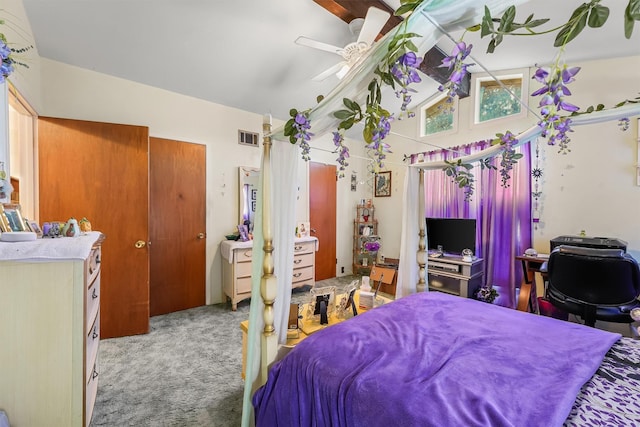 13922 Ambrose St, Houston, TX 77045 - carpeted bedroom with lofted ceiling, a desk, and a ceiling fan