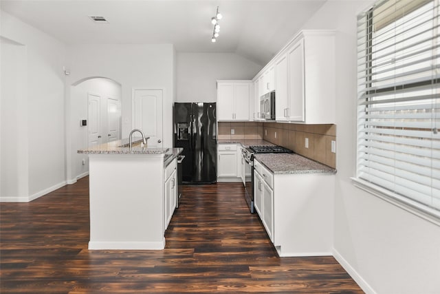 23753 Briar Tree Dr, Porter, TX 77365 - kitchen featuring appliances with stainless steel finishes, an island with sink, light stone countertops, dark wood-style floors, and lofted ceiling