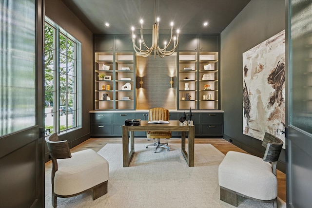 3755 Rice Blvd, Houston, TX 77005 - office with light wood-style floors, a chandelier, and recessed lighting