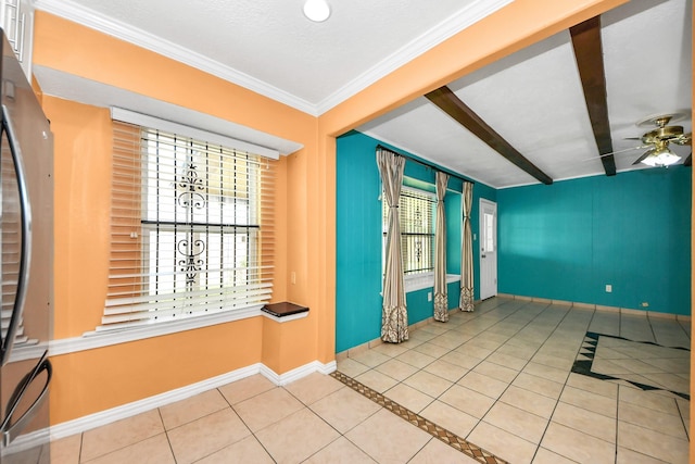 6102 S Briar Bayou Dr, Houston, TX 77072 - unfurnished room featuring tile patterned floors, healthy amount of natural light, ceiling fan, inlaid floor details, and beam ceiling