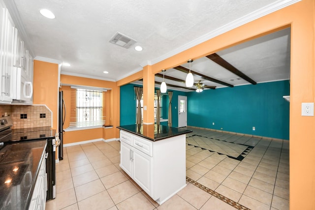 6102 S Briar Bayou Dr, Houston, TX 77072 - kitchen featuring stainless steel range with electric cooktop, dark countertops, light tile patterned floors, recessed lighting, and open floor plan