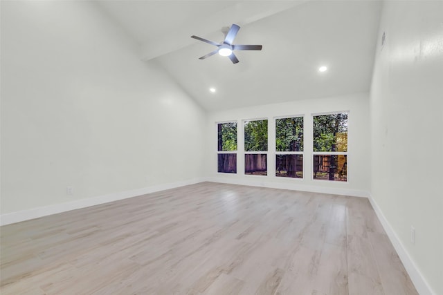 1602 Pine Oak Dr, Conroe, TX 77304 - unfurnished room featuring beamed ceiling, a ceiling fan, high vaulted ceiling, light wood-style floors, and recessed lighting