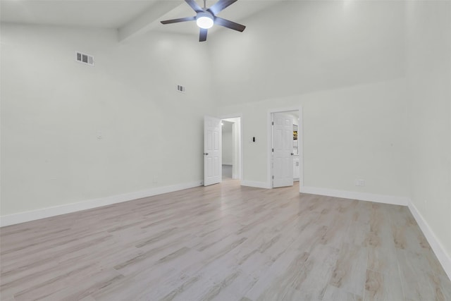 1602 Pine Oak Dr, Conroe, TX 77304 - unfurnished living room with ceiling fan, light wood finished floors, beam ceiling, and high vaulted ceiling