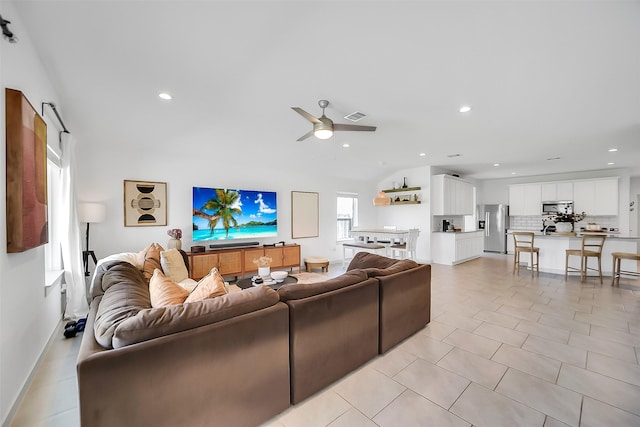 3330 Dagostino Creek Dr, Katy, TX 77494 - living room featuring recessed lighting, ceiling fan, and light tile patterned floors