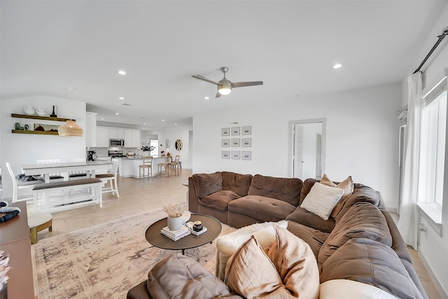 3330 Dagostino Creek Dr, Katy, TX 77494 - living area featuring recessed lighting, ceiling fan, and light tile patterned floors