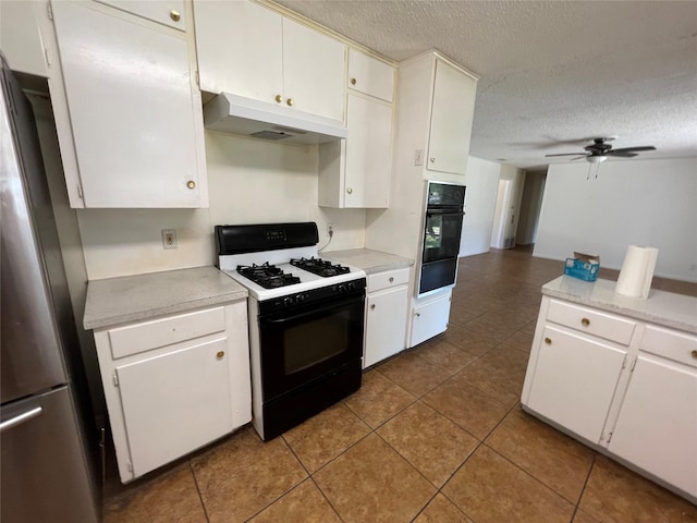 1703 Larkwood Ct, Austin, TX 78723 - kitchen featuring custom range hood, black appliances, light countertops, a ceiling fan, and a textured ceiling