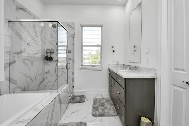 3302 Timbergrove Heights St, Houston, TX 77008 - full bath with vanity, a bath, a marble finish shower, and marble finish flooring