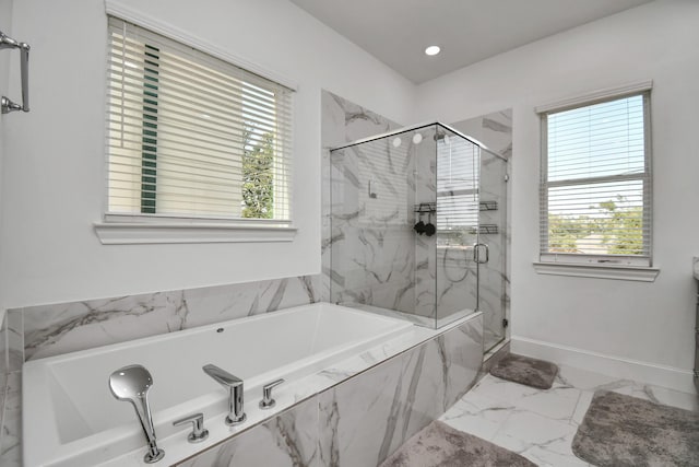 3302 Timbergrove Heights St, Houston, TX 77008 - bathroom with a marble finish shower, a garden tub, marble finish floors, and recessed lighting
