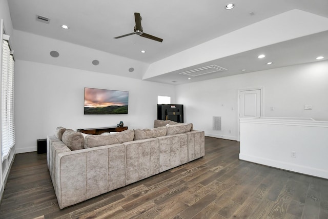 3302 Timbergrove Heights St, Houston, TX 77008 - living room with dark wood-type flooring, a ceiling fan, and recessed lighting