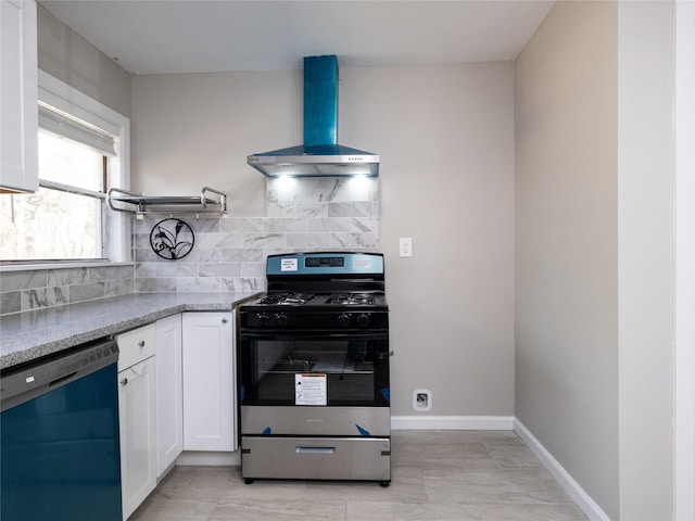 3215 Soway St, Houston, TX 77080 - kitchen with stainless steel gas range oven, dishwashing machine, wall chimney exhaust hood, white cabinets, and decorative backsplash