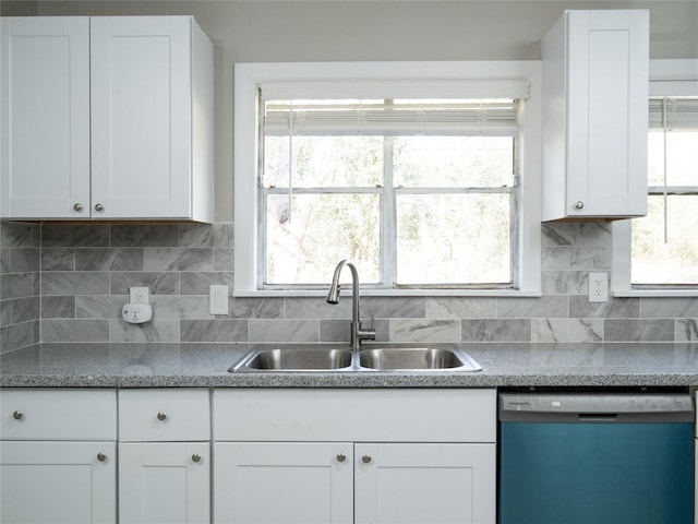 3215 Soway St, Houston, TX 77080 - kitchen featuring dishwashing machine, white cabinets, backsplash, and plenty of natural light