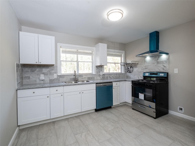 3215 Soway St, Houston, TX 77080 - kitchen with dishwasher, black gas range, wall chimney range hood, backsplash, and white cabinets