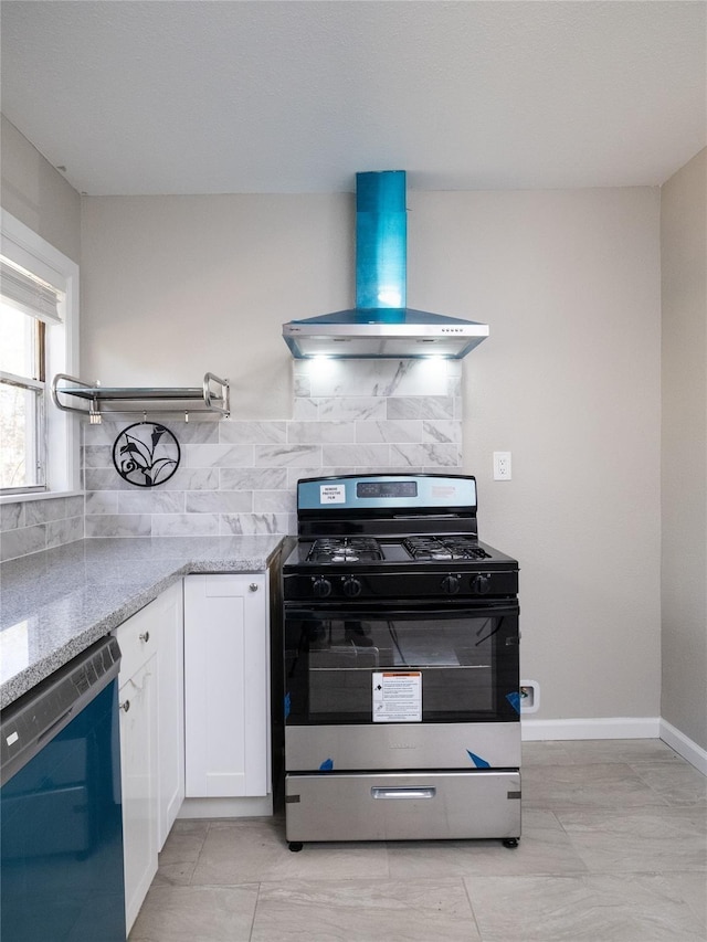 3215 Soway St, Houston, TX 77080 - kitchen featuring gas stove, wall chimney exhaust hood, dishwasher, light stone countertops, and white cabinetry