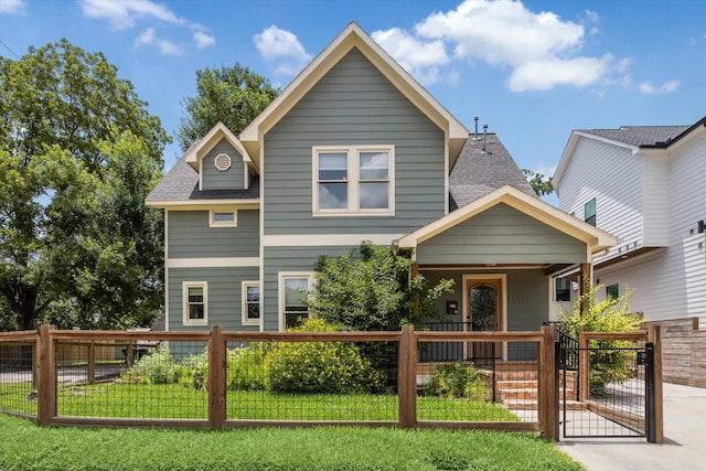 1101 Tabor St, Houston, TX 77009 - view of front of home with a fenced front yard, a gate, a porch, and a shingled roof