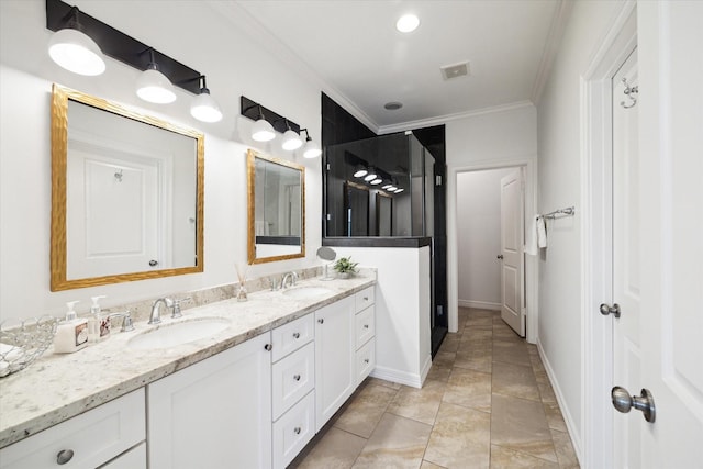1101 Tabor St, Houston, TX 77009 - full bathroom featuring crown molding and double vanity