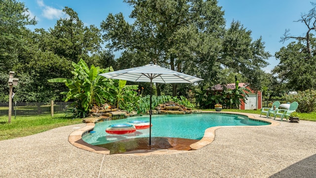 32210 Mink Creek Ct, Magnolia, TX 77355 - view of swimming pool with a patio and view of wooded area