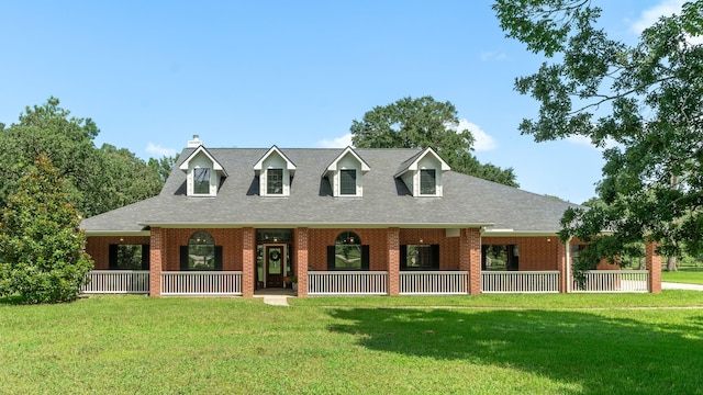 32210 Mink Creek Ct, Magnolia, TX 77355 - cape cod house featuring brick siding, a front yard, a chimney, and a shingled roof