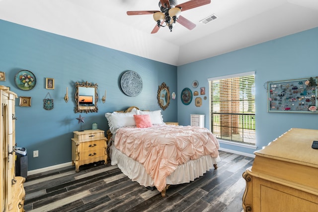 32210 Mink Creek Ct, Magnolia, TX 77355 - bedroom with dark wood-type flooring, ceiling fan, and lofted ceiling
