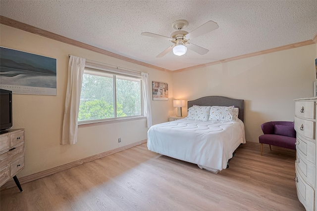 674 S Ripple Creek Dr Unit 674, Houston, TX 77057 - bedroom featuring crown molding, a textured ceiling, light wood-style flooring, and ceiling fan