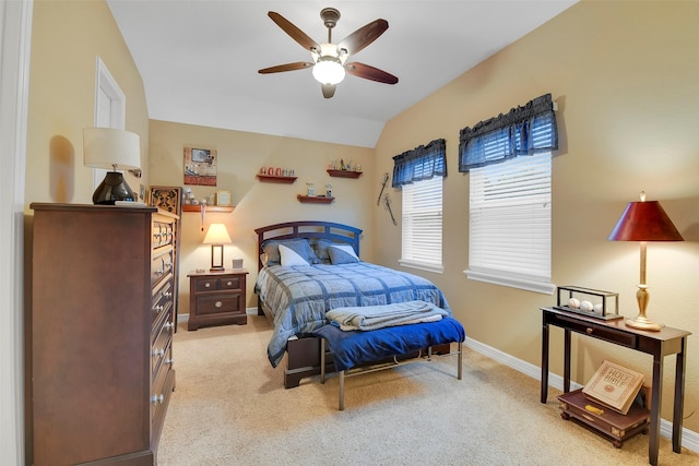 5702 Silverthorn Glen Dr, Spring, TX 77379 - bedroom featuring light carpet, lofted ceiling, and ceiling fan
