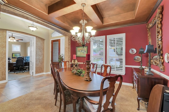 5702 Silverthorn Glen Dr, Spring, TX 77379 - dining area featuring coffered ceiling, an office area, a chandelier, light tile patterned floors, and beamed ceiling