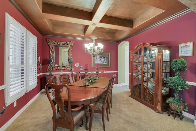 5702 Silverthorn Glen Dr, Spring, TX 77379 - dining room with coffered ceiling, carpet floors, a chandelier, beam ceiling, and arched walkways