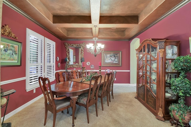 5702 Silverthorn Glen Dr, Spring, TX 77379 - dining space with a chandelier, coffered ceiling, light colored carpet, and beamed ceiling