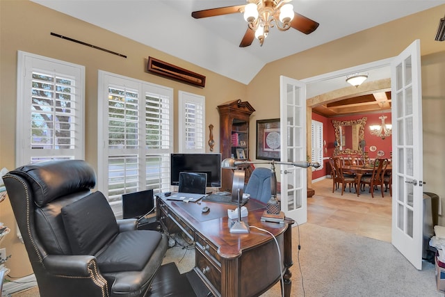 5702 Silverthorn Glen Dr, Spring, TX 77379 - tiled office space with french doors, ceiling fan, a chandelier, lofted ceiling, and carpet floors