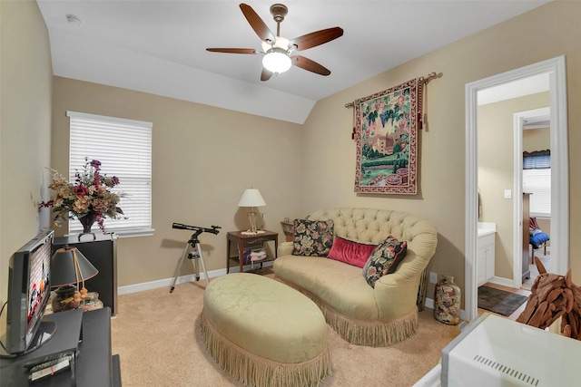 5702 Silverthorn Glen Dr, Spring, TX 77379 - living area with a ceiling fan, carpet, and lofted ceiling