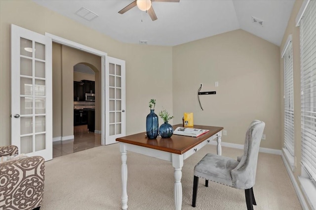 18135 Berry Garden Ln, Spring, TX 77379 - home office with french doors, light carpet, a ceiling fan, lofted ceiling, and arched walkways