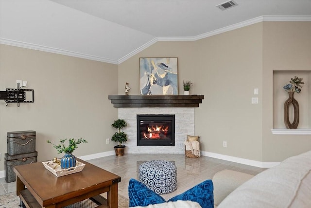 18135 Berry Garden Ln, Spring, TX 77379 - living room with a stone fireplace, vaulted ceiling, ornamental molding, and tile patterned floors