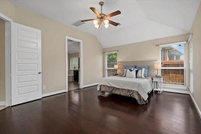 18135 Berry Garden Ln, Spring, TX 77379 - bedroom with lofted ceiling, wood finished floors, connected bathroom, and ceiling fan