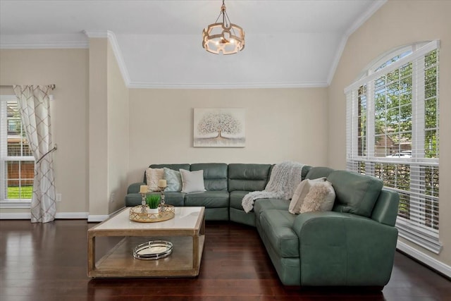 18135 Berry Garden Ln, Spring, TX 77379 - living room featuring plenty of natural light, dark wood-style floors, crown molding, and lofted ceiling