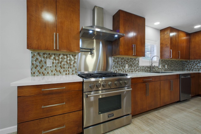 15815 Baytree Dr, Houston, TX 77070 - kitchen featuring wall chimney range hood, appliances with stainless steel finishes, light countertops, backsplash, and recessed lighting