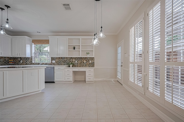 1902 Rosebay Ct, Sugar Land, TX 77479 - kitchen featuring open shelves, dishwasher, crown molding, decorative backsplash, and light tile patterned floors